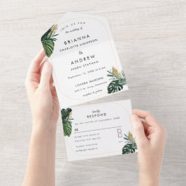 エレガント,グリーンパーム,金ゴールド(模造) 縁ど オールインワン招待状