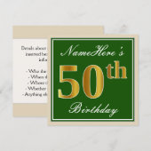 エレガント グリーン 偽金 50歳の誕生日+名前 招待状 (正面/裏面)