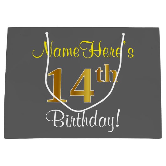 エレガント，グレイ，フェイク金ゴールド14番目の誕生日+名前 ラージペーパーバッグ (正面)
