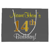 エレガント，グレイ，フェイク金ゴールド14番目の誕生日+名前 ラージペーパーバッグ (裏面)