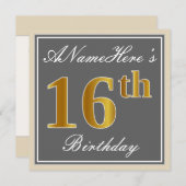 エレガント，グレイ，フェイク金ゴールド16番目の誕生日+名前 招待状 (正面/裏面)