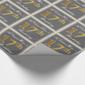 エレガント，グレイ，フェイク金ゴールド17番目の誕生日+名前 ラッピングペーパー (角)