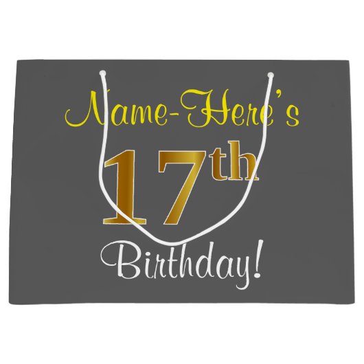エレガント,グレイ,フェイク金ゴールド17番目の誕生日+名前 ラージペーパーバッグ (正面)