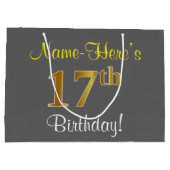 エレガント,グレイ,フェイク金ゴールド17番目の誕生日+名前 ラージペーパーバッグ (裏面)
