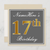 エレガント，グレイ，フェイク金ゴールド17番目の誕生日+名前 招待状 (正面/裏面)