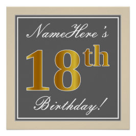 エレガント，グレイ，フェイク金ゴールド18番目の誕生日+名前 ポスター