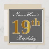 エレガント,グレイ,フェイク金ゴールド19番目の誕生日+名前 招待状 (正面/裏面)