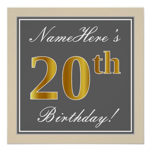 エレガント,グレイ,フェイク金ゴールド20番目の誕生日+名前 ポスター (正面)