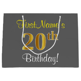 エレガント，グレイ，フェイク金ゴールド20番目の誕生日+名前 ラージペーパーバッグ