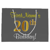 エレガント，グレイ，フェイク金ゴールド20番目の誕生日+名前 ラージペーパーバッグ (裏面)