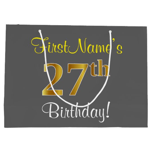 エレガント,グレイ,フェイク金ゴールド27番目の誕生日+名前 ラージペーパーバッグ (裏面)