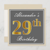 エレガント，グレイ，フェイク金ゴールド29番目の誕生日+名前 招待状 (正面/裏面)