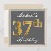 エレガント,グレイ,フェイク金ゴールド37番目の誕生日+名前 招待状 (正面/裏面)