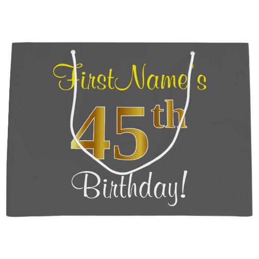 エレガント,グレイ,フェイク金ゴールド45番目の誕生日+名前 ラージペーパーバッグ (正面)