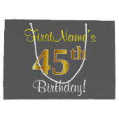 エレガント,グレイ,フェイク金ゴールド45番目の誕生日+名前 ラージペーパーバッグ (裏面)