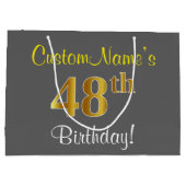 エレガント,グレイ,フェイク金ゴールド48番目の誕生日+名前 ラージペーパーバッグ (裏面)