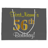 エレガント，グレイ，フェイク金ゴールド56番目の誕生日+名前 ラージペーパーバッグ (裏面)