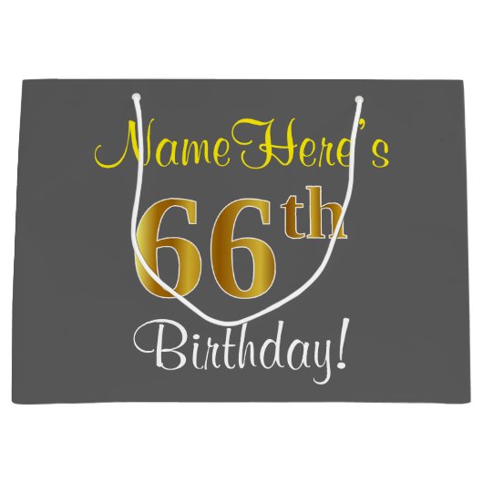 エレガント,グレイ,フェイク金ゴールド66番目の誕生日+名前 ラージペーパーバッグ (正面)