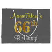 エレガント,グレイ,フェイク金ゴールド66番目の誕生日+名前 ラージペーパーバッグ (裏面)