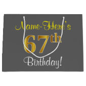エレガント，グレイ，フェイク金ゴールド67番目の誕生日+名前 ラージペーパーバッグ (正面)