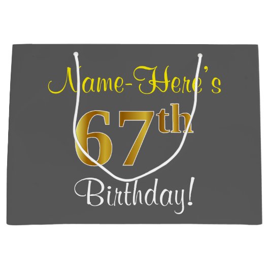 エレガント，グレイ，フェイク金ゴールド67番目の誕生日+名前 ラージペーパーバッグ (正面)