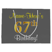 エレガント，グレイ，フェイク金ゴールド67番目の誕生日+名前 ラージペーパーバッグ (裏面)