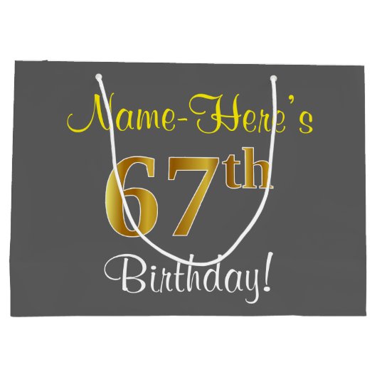 エレガント，グレイ，フェイク金ゴールド67番目の誕生日+名前 ラージペーパーバッグ (裏面)