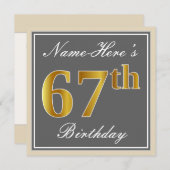 エレガント，グレイ，フェイク金ゴールド67番目の誕生日+名前 招待状 (正面/裏面)