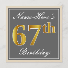 エレガント，グレイ，フェイク金ゴールド67番目の誕生日+名前 招待状