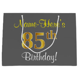 エレガント，グレイ，フェイク金ゴールド85番目の誕生日+名前 ラージペーパーバッグ
