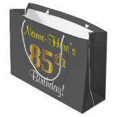 エレガント，グレイ，フェイク金ゴールド85番目の誕生日+名前 ラージペーパーバッグ (裏面アングル)