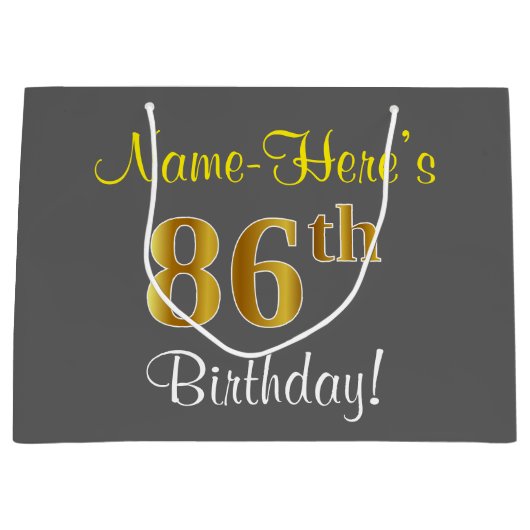 エレガント,グレイ,フェイク金ゴールド86番目の誕生日+名前 ラージペーパーバッグ (正面)
