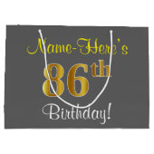 エレガント,グレイ,フェイク金ゴールド86番目の誕生日+名前 ラージペーパーバッグ (裏面)