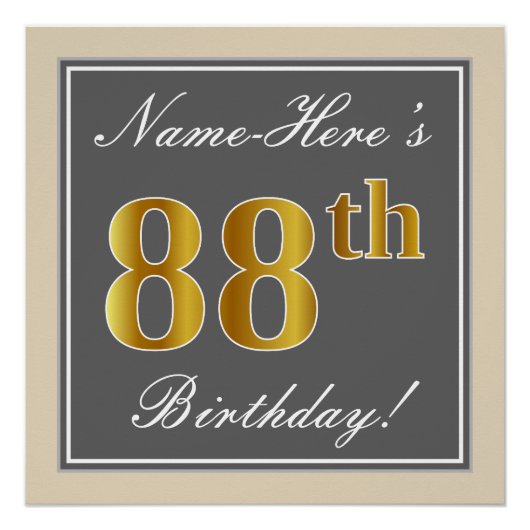 エレガント，グレイ，フェイク金ゴールド88番目の誕生日+名前 ポスター (正面)
