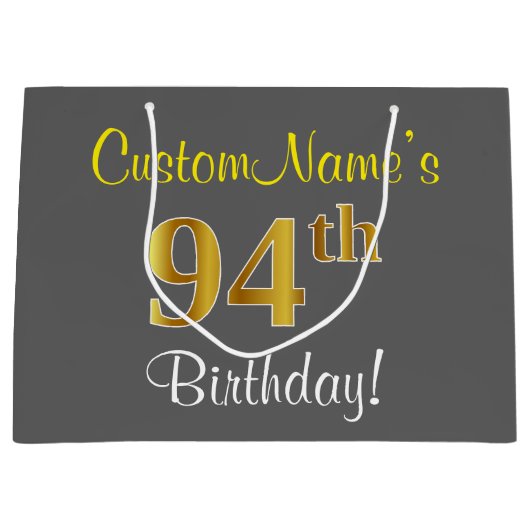 エレガント,グレイ,フェイク金ゴールド94番目の誕生日+名前 ラージペーパーバッグ (正面)