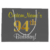 エレガント,グレイ,フェイク金ゴールド94番目の誕生日+名前 ラージペーパーバッグ (裏面)