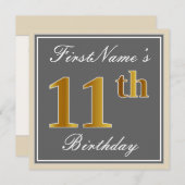 エレガント，グレー，フェイク金ゴールド11番目の誕生日+名前 招待状 (正面/裏面)