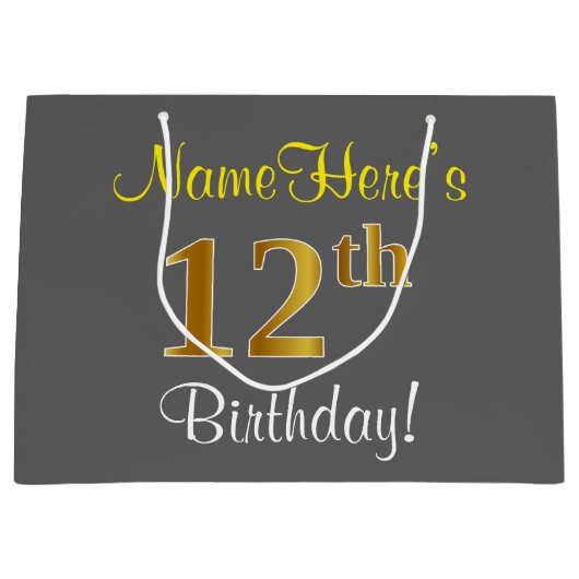 エレガント，グレー，フェイク金ゴールド12番目の誕生日+名前 ラージペーパーバッグ (正面)