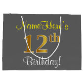 エレガント，グレー，フェイク金ゴールド12番目の誕生日+名前 ラージペーパーバッグ (裏面)