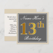 エレガント，グレー，フェイク金ゴールド13番目の誕生日+名前 招待状 (正面/裏面)