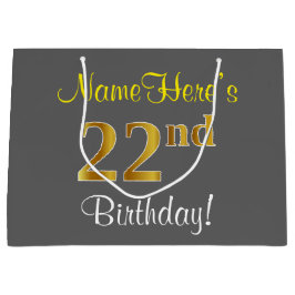 エレガント、グレー、フェイク金ゴールド22番目の誕生日+名前 ラージペーパーバッグ
