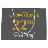 エレガント、グレー、フェイク金ゴールド22番目の誕生日+名前 ラージペーパーバッグ (裏面)
