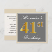 エレガント、グレー、フェイク金ゴールド41番目の誕生日+名前 招待状 (正面/裏面)