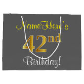 エレガント、グレー、フェイク金ゴールド42番目の誕生日+名前 ラージペーパーバッグ (裏面)