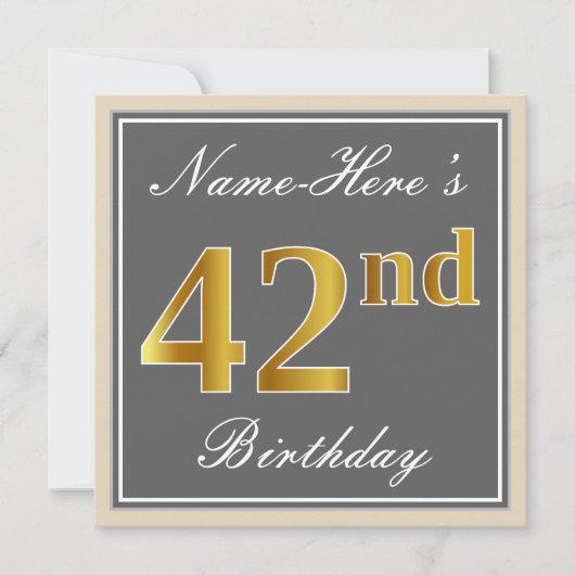 エレガント、グレー、フェイク金ゴールド42番目の誕生日+名前 招待状 (正面)