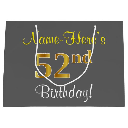 エレガント、グレー、フェイク金ゴールド52番目の誕生日+名前 ラージペーパーバッグ (正面)