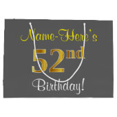 エレガント、グレー、フェイク金ゴールド52番目の誕生日+名前 ラージペーパーバッグ (裏面)