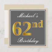 エレガント、グレー、フェイク金ゴールド62番目の誕生日+名前 招待状 (正面/裏面)