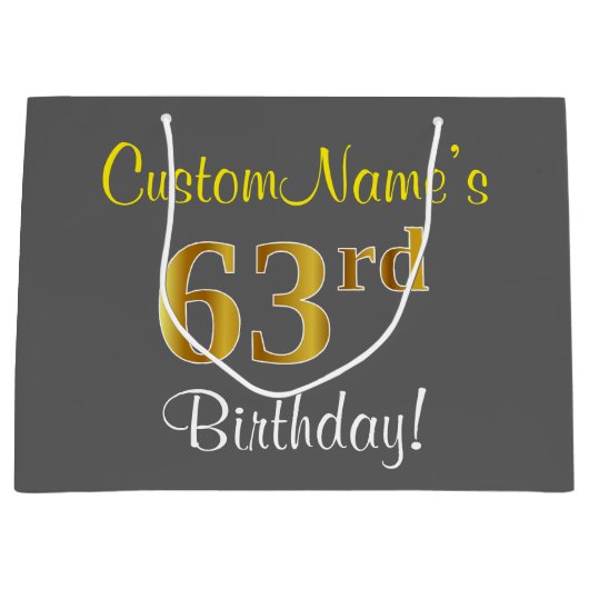エレガント、グレー、フェイク金ゴールド63番目の誕生日+名前 ラージペーパーバッグ (正面)