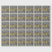 エレガント，グレー，フェイク金ゴールド64番目の誕生日+名前 ラッピングペーパー (フラット)